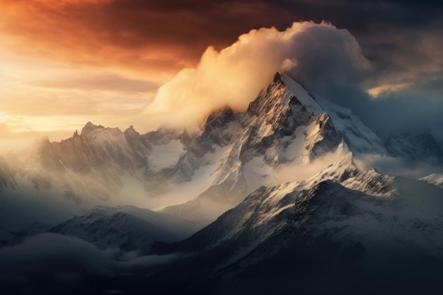 une grande montagne couverte de neige sous un ciel nuageux