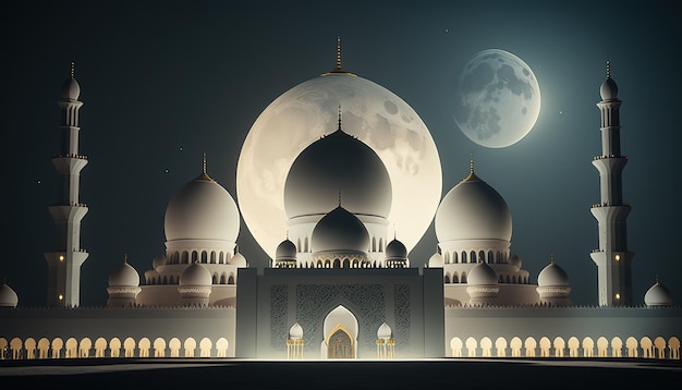 Une grande mosquée en blanc avec une lune dorée sur le dômeBannière de style islamique pour l'affichage du produit Belle invitation musulmane Eid mubarak Contexte religieux AI générative