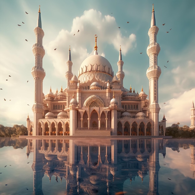 Une grande mosquée blanche avec un ciel bleu et des nuages