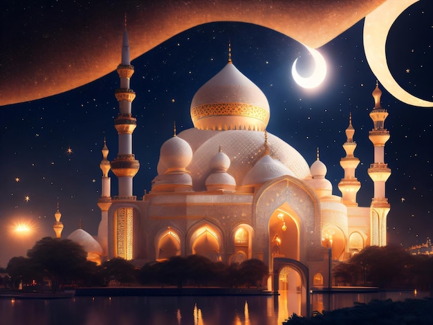 Une grande mosquée blanche avec une lune et des étoiles en arrière-plan.