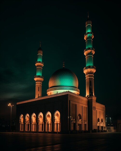 Une grande mosquée avec un dôme vert et une lumière au sommet