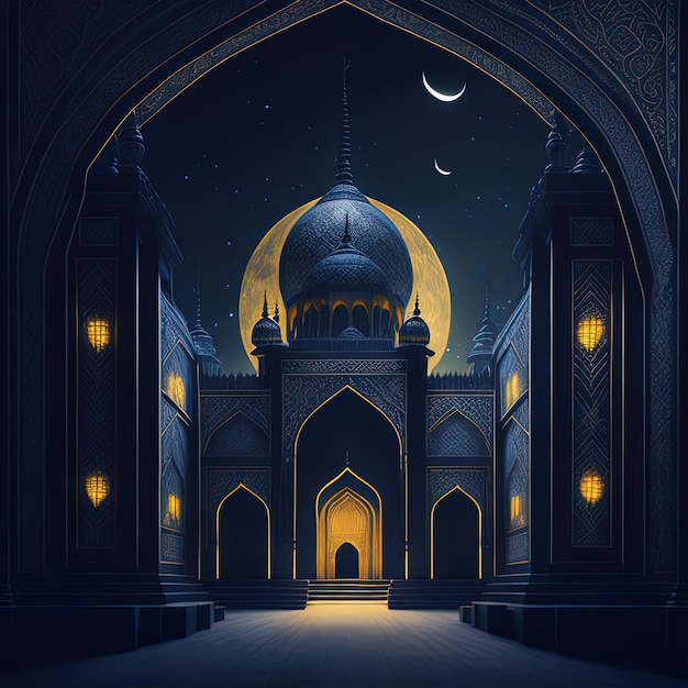 Une grande mosquée avec une lune en arrière-plan