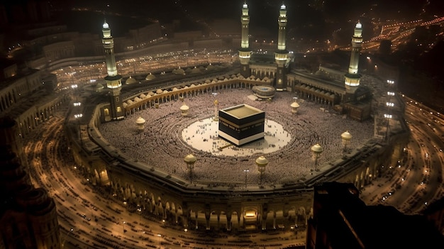 Une grande mosquée à la Mecque la nuit avec beaucoup de monde au premier plan.