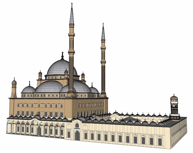 Une grande mosquée musulmane, une illustration matricielle en trois dimensions avec des lignes de contour mettant en évidence les détails de la construction. rendu 3D.