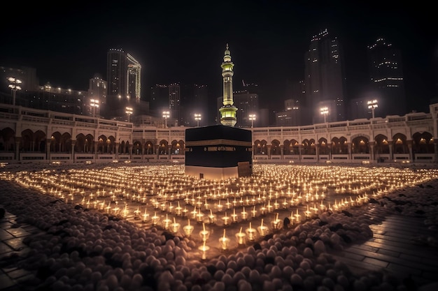 Une grande mosquée avec de nombreuses bougies allumées la nuit.