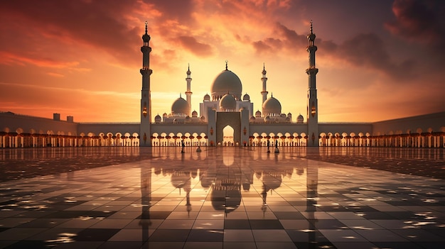 Grande mosquée Sheikh Zayed à Abu Dhabi Émirats Arabes Unis avec coucher de soleil
