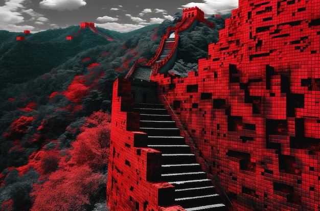une grande muraille de Chine gravit une colline escarpée