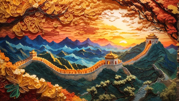 Grande muraille de chine panoramique magique avec papier peint en filigrane quilling art design généré par AI