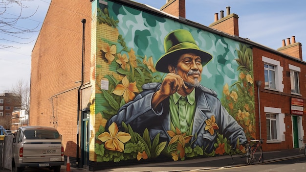 Grande peinture d'un homme portant un chapeau vert dans le style classique de la Saint-Patrick