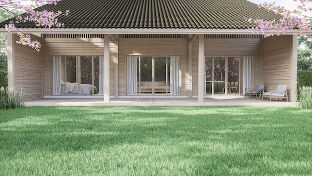 Grande pelouse verte avec fond de petite maison en bois rendu 3d entouré d'un jardin verdoyant