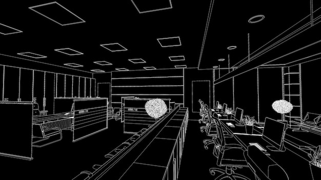 Grande perspective de bureau d'espace ouvert dessiner sur le rendu 3D de croquis de fond noir