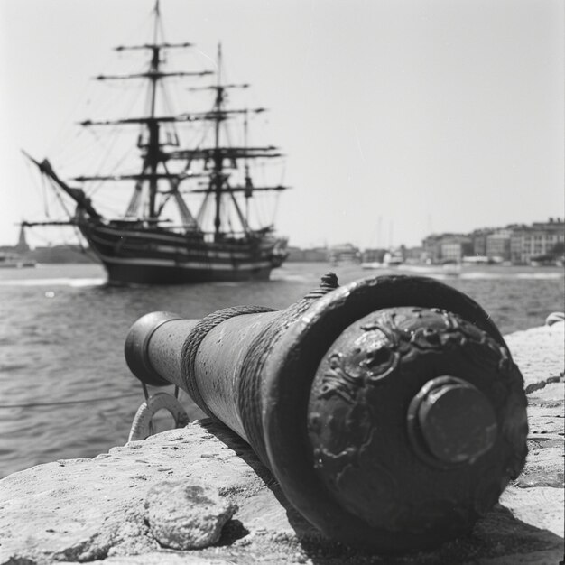 Photo une grande photo en noir et blanc d'un navire avec un grand navire noir en arrière-plan