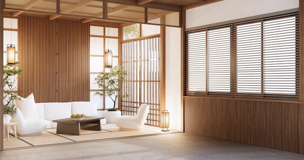 Grande pièce design d'intérieur dans un salon moderne avec lampe de table basse noire et décoration de style japonais rendu 3D