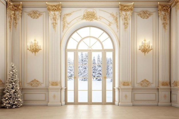 une grande pièce avec une grande porte et une fenêtre couverte de neige.