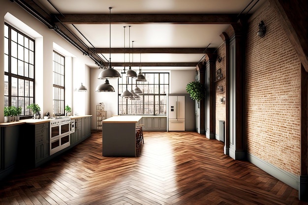 Grande pièce avec plancher en bois dans une cuisine loft vide