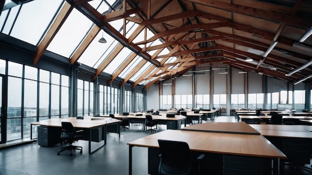 Une grande pièce remplie de bureaux et de fenêtres