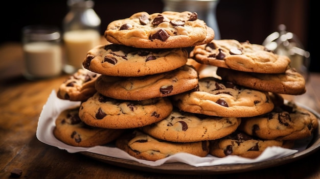 une grande pile de biscuits aux pépites de chocolat faits maison sur un onglet