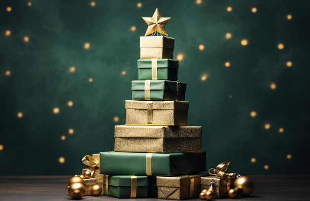 Une grande pile de cadeaux empilés en forme d'arbre de Noël arrière-plan de Noël vert et or