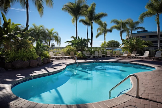 une grande piscine extérieure dans l'hôtel avec un espace détente