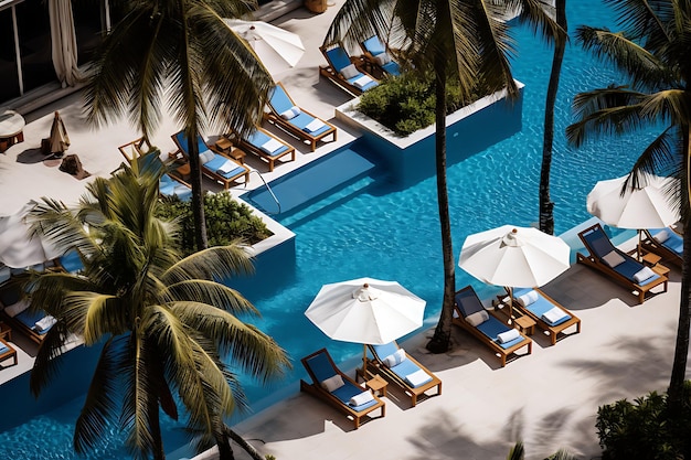 La grande piscine de l'hôtel est entourée de fauteuils et de parapluies.