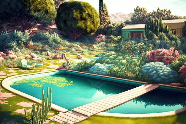 Grande piscine avec plongeoir au milieu du jardin dans la cour arrière