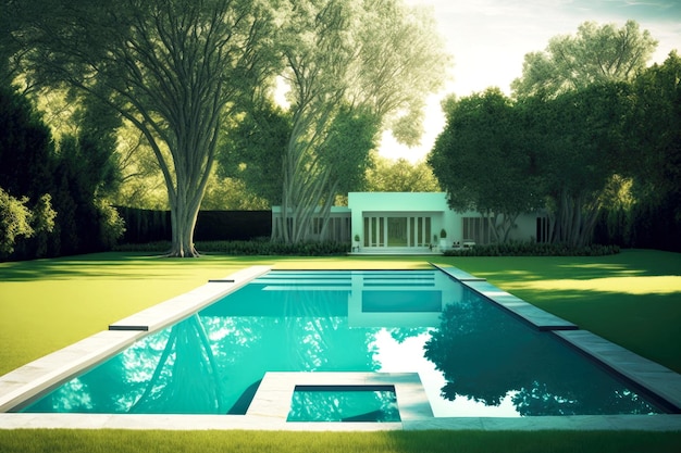 Grande piscine rectangulaire dans la cour arrière avec plongeoir