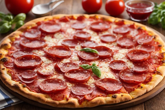 Grande pizza au pepperoni sur la table