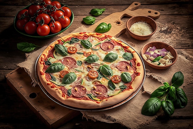 Grande pizza avec tomate et saucisse Pizza sur une planche en bois générée par l'IA