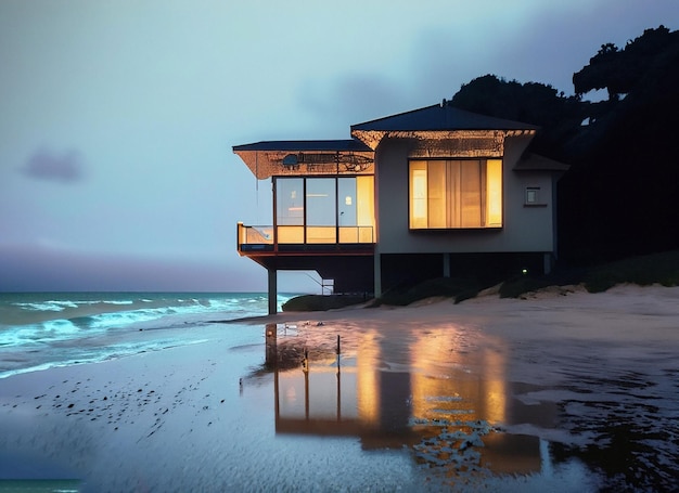 Grande plage de maison en soirée avec peu de pluie