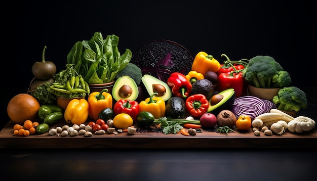 une grande planche remplie de légumes et de fruits ai génératif
