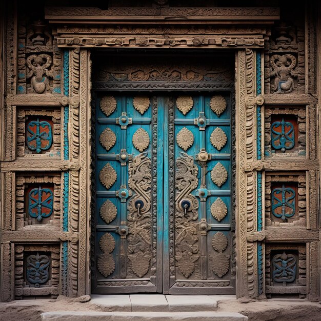 une grande porte en bois avec une porte bleue qui dit le mot dessus