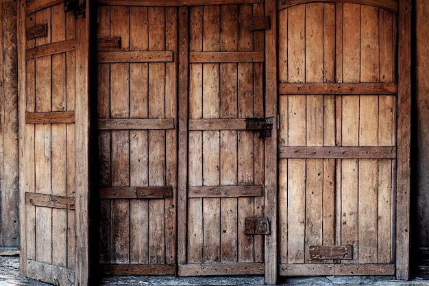 Grande porte médiévale en bois avec croisillons et barreaux