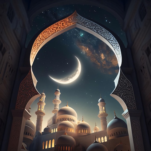 Grande porte ouverte décorée avec une vue sur la mosquée dans le ciel de la lune Mosquée comme lieu de prière pour les musulmans