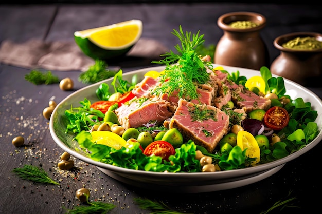 Grande portion de délicieuse salade de thon aux herbes fraîches