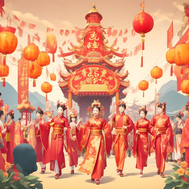 Une grande procession du temple avec des décorations complexes pour le Nouvel An chinois