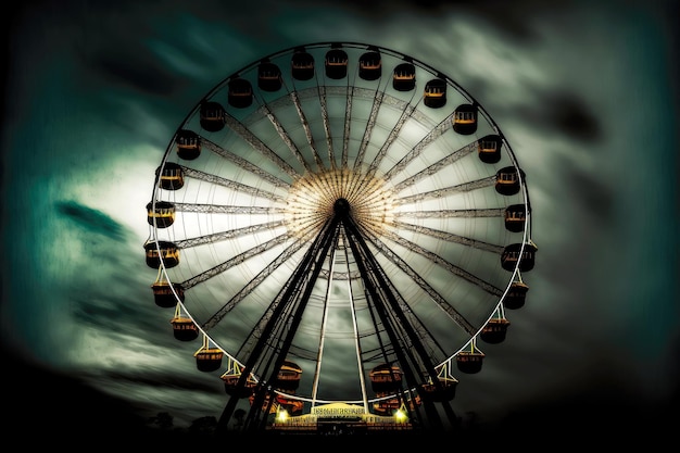 Grande roue illuminée dans un parc d'attractions contre un ciel sombre créé avec une IA générative