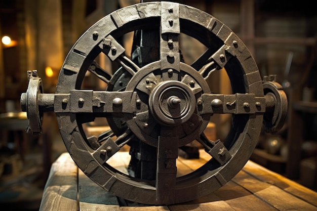 une grande roue en métal sur une surface en bois