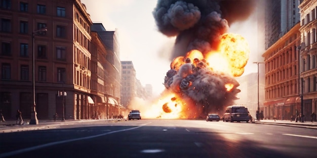 Photo grande rue d'explosion de bâtiments de la ville en ruines soldats marchant dans le