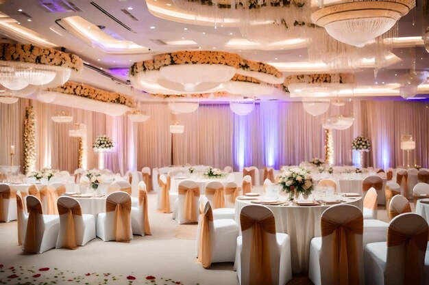 Photo une grande salle de bal avec un grand plafond avec des rideaux et des tables couvertes de fleurs et de lumières.