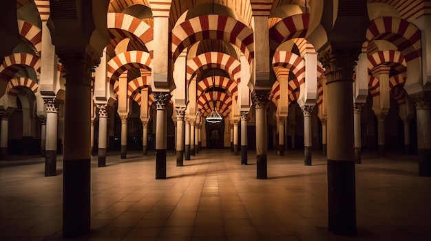 Une grande salle avec des colonnes et des arcs qui disent 'alhambra'