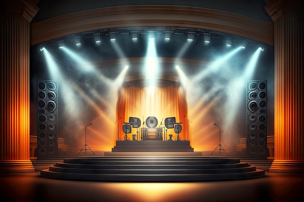 Grande salle de concert avec éclairage lumineux et podium avec haut-parleur audio sur scène ai générative