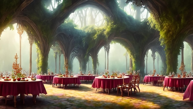 Une grande salle dans la nature féale avec des tables ornées de fruits et de plats magiques.