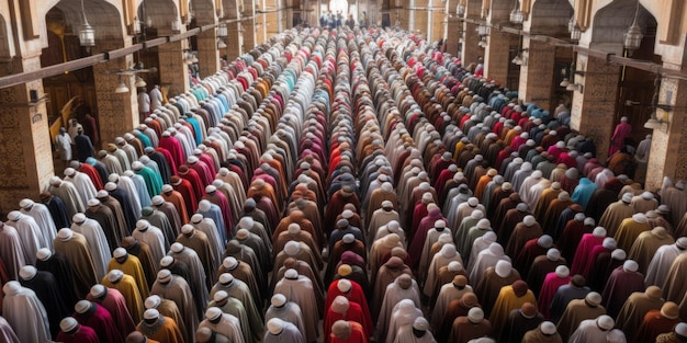 Une grande salle avec un grand nombre de personnes vêtues de vêtements colorés