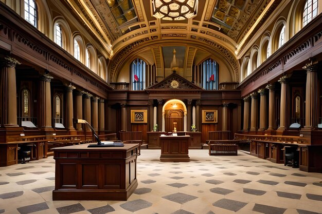 Une grande salle avec un grand podium en bois et une grande horloge au mur.