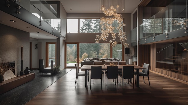 Une grande salle à manger avec un grand lustre suspendu au plafond.