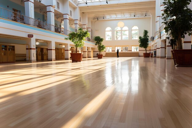 Une grande salle de sport avec beaucoup de fenêtres et de plantes