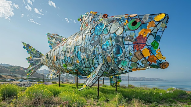 Photo une grande sculpture de poissons colorés faite de bouteilles en plastique recyclées et d'ordures surplombe l'océan depuis une colline côtière.