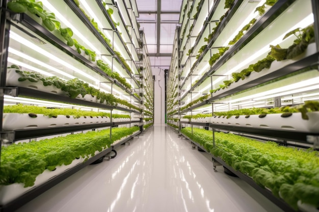 Une grande serre hydroponique intérieure avec une rangée de laitue.