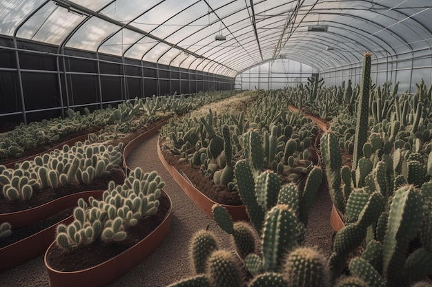 Une grande serre avec une rangée de cactus.