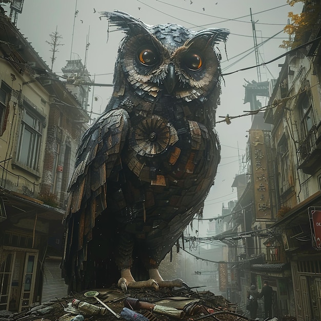 Photo une grande statue de hibou dans une rue avec un panneau disant hibou sur elle